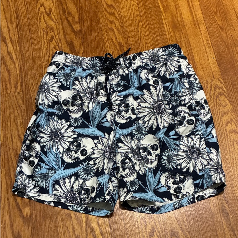 No Boundaries Skull and Floral Swim Shorts - Blue and White